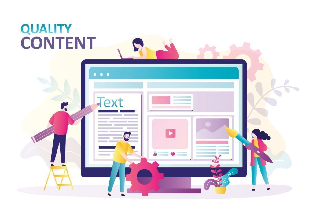 Illustration of a large computer screen with content creation tools, including people writing text, designing, and configuring settings. The image conveys the concept of creating high-quality content with collaboration.