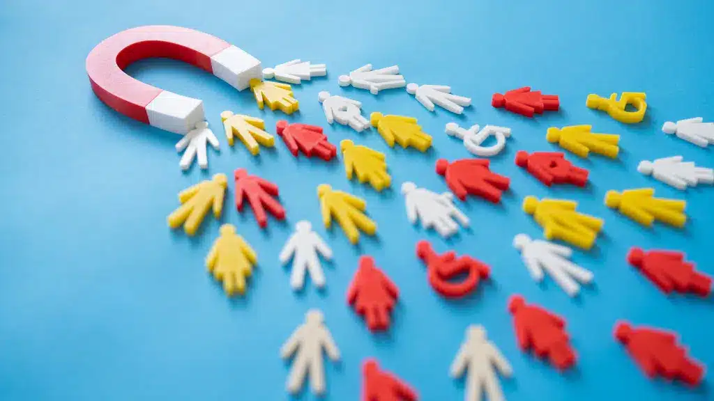 Magnet attracting diverse figures, symbolizing lead generation and customer acquisition.