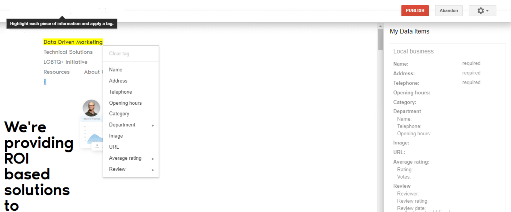 Select tags for data highlighter