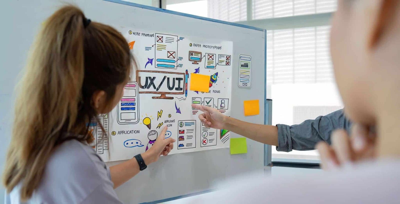 A woman points at a whiteboard adorned with various sticky notes, highlighting key ideas during a collaborative meeting