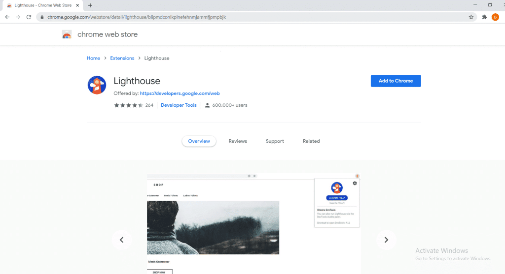 Screenshot of Google Chrome Web Store page showing the Lighthouse extension ready for installation.