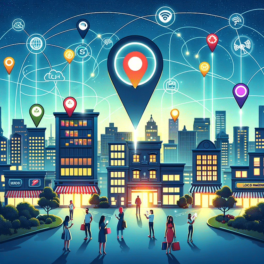 This image visually explains the concept of "What is location-based marketing?" These illustrations depict the interactive and targeted nature of marketing efforts based on a consumer's geographic location in an urban setting.