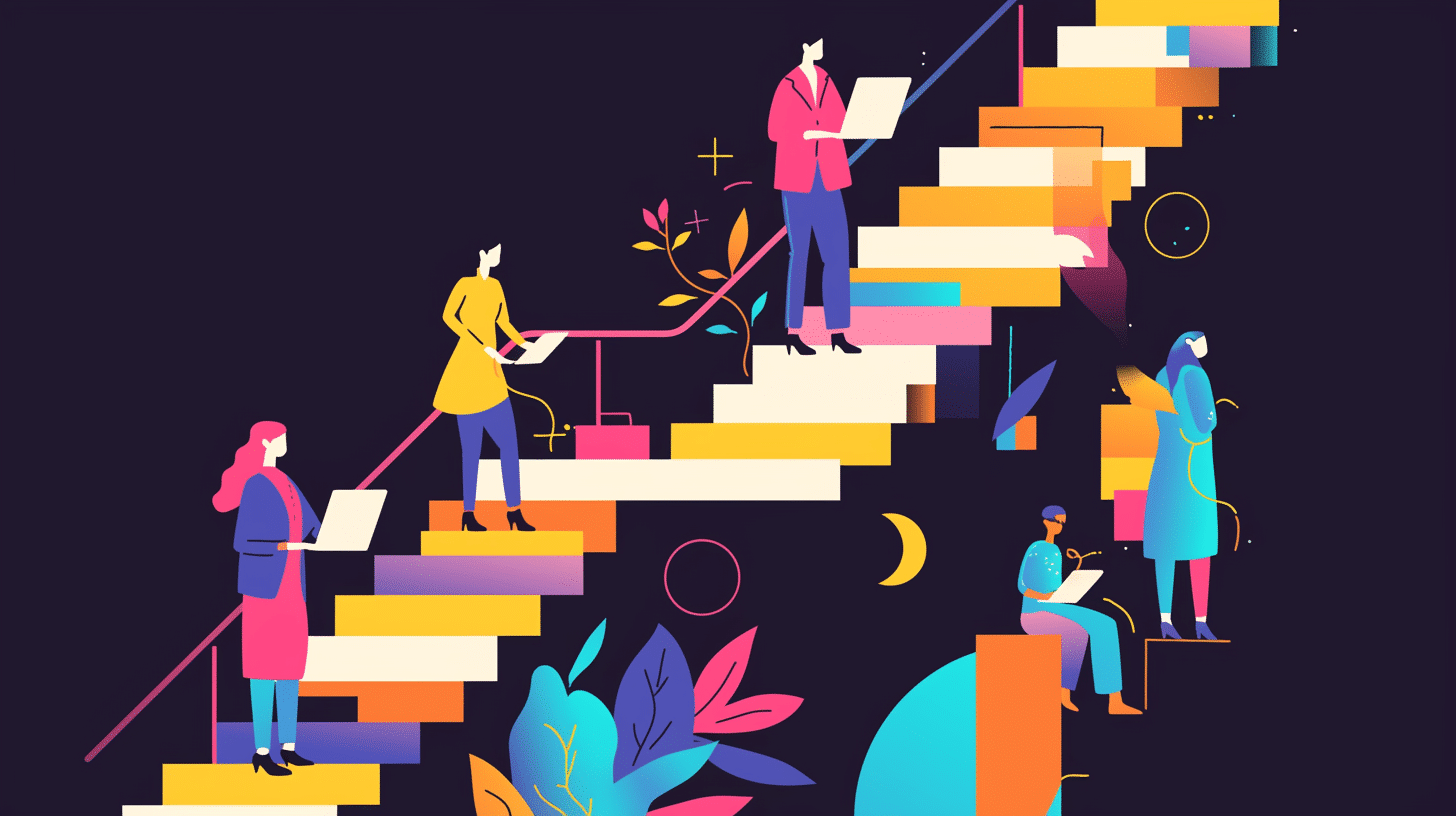 People of various backgrounds climbing a staircase featuring bright, colorful designs that enhance the visual appeal.