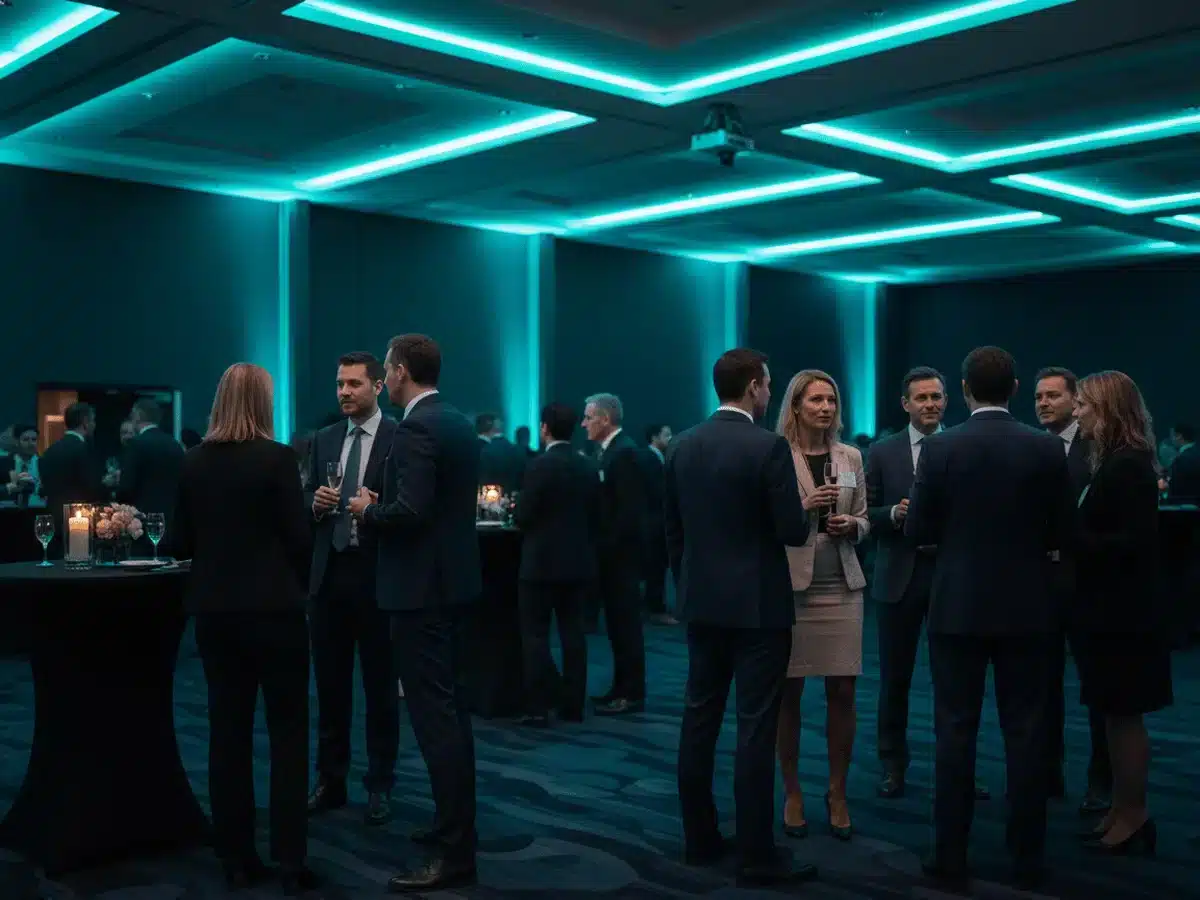 Business professionals networking at an evening chamber event