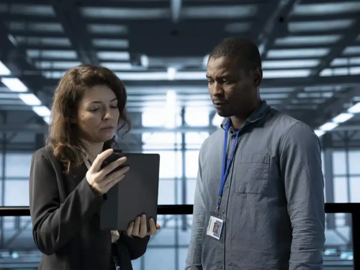 Two colleagues reviewing a tablet in a modern data center