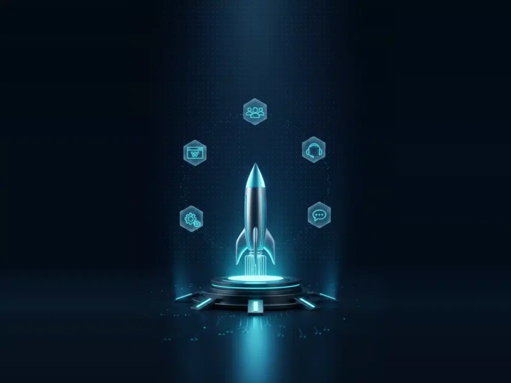 Rocket launching from a glowing platform surrounded by business tool icons