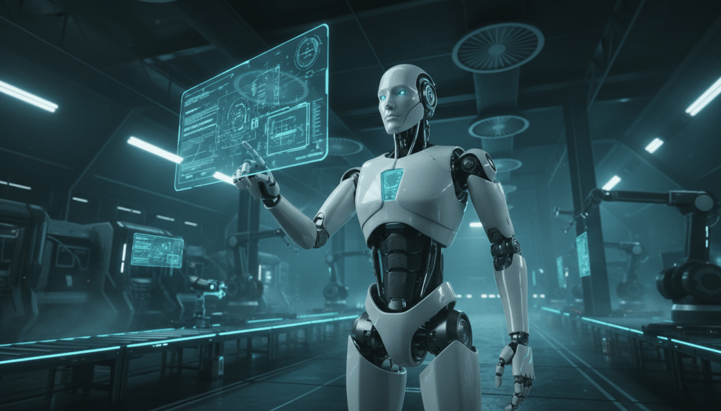 A humanoid robot interacting with AI holographic displays in a futuristic facility