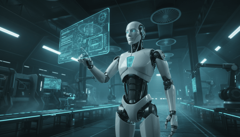 A humanoid robot interacting with AI holographic displays in a futuristic facility