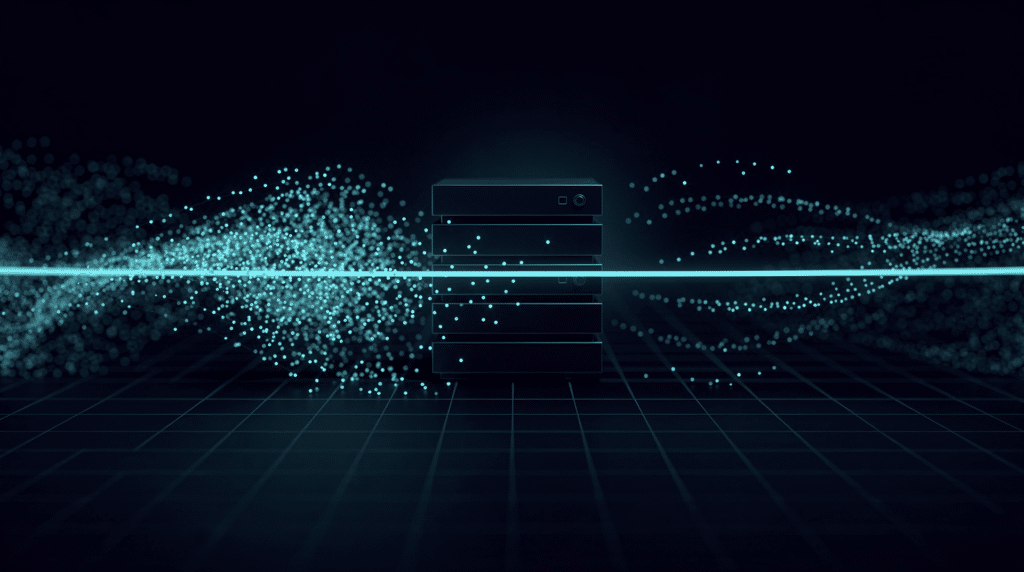 Abstract illustration of a swarm of glowing nodes stopped by a cyan guardrail before a server block on a dark navy background