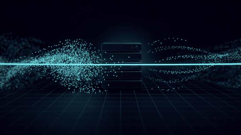 Abstract illustration of a swarm of glowing nodes stopped by a cyan guardrail before a server block on a dark navy background